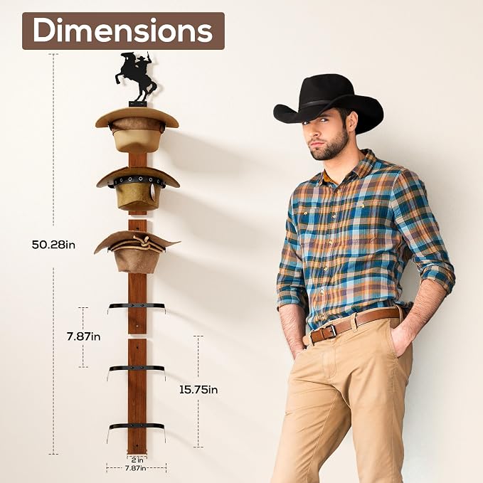 Cowboy Hat Rack for Wall – 3-Piece Wooden & Metal Western Hat Holder, Rustic - Image 2