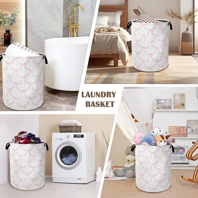 Cute Pink Bows Collapsible Laundry Baskets, Laundry Hamper, Storage Basket - Image 7