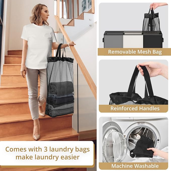 180L Laundry Hamper 3 Section, Large Laundry Basket - Image 7