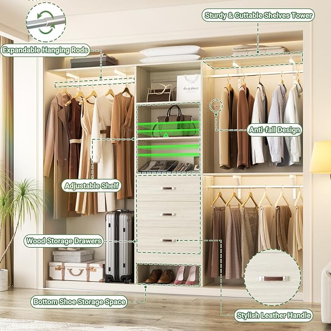 Closet System with Drawer - 8FT Wood Closet Organizer System with 3 Hanging - Image 4