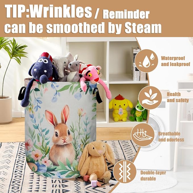Easter Bunny Laundry Basket, Foldable Rabbit Flower Laundry Hamper Tote Bag - Image 5