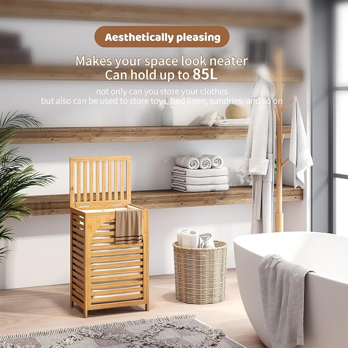 FILWH Laundry Hamper with Lid Large Bamboo Laundry Bin Basket 85L Clothes - Image 3