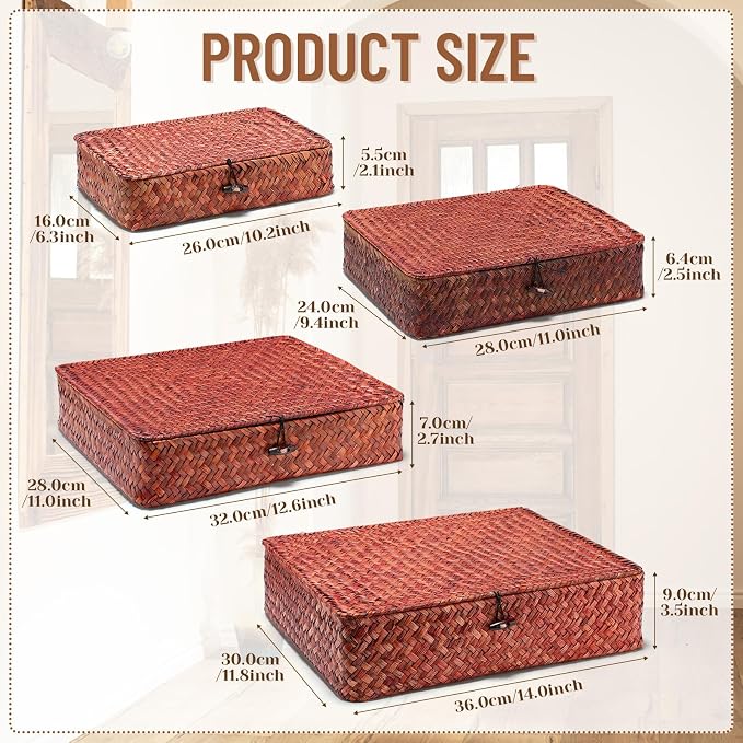 Set of 4 Seagrass Basket with Lid Wicker Storage Basket Decorative Storage - Image 2