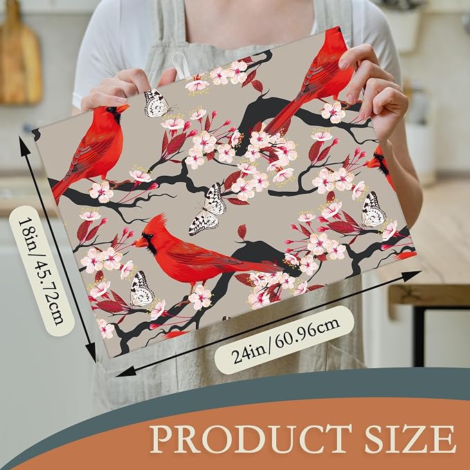 Red Cardinal Bird Dish Drying Mat, Cherry Blossom Drying Rack Pad Countertop - Image 2