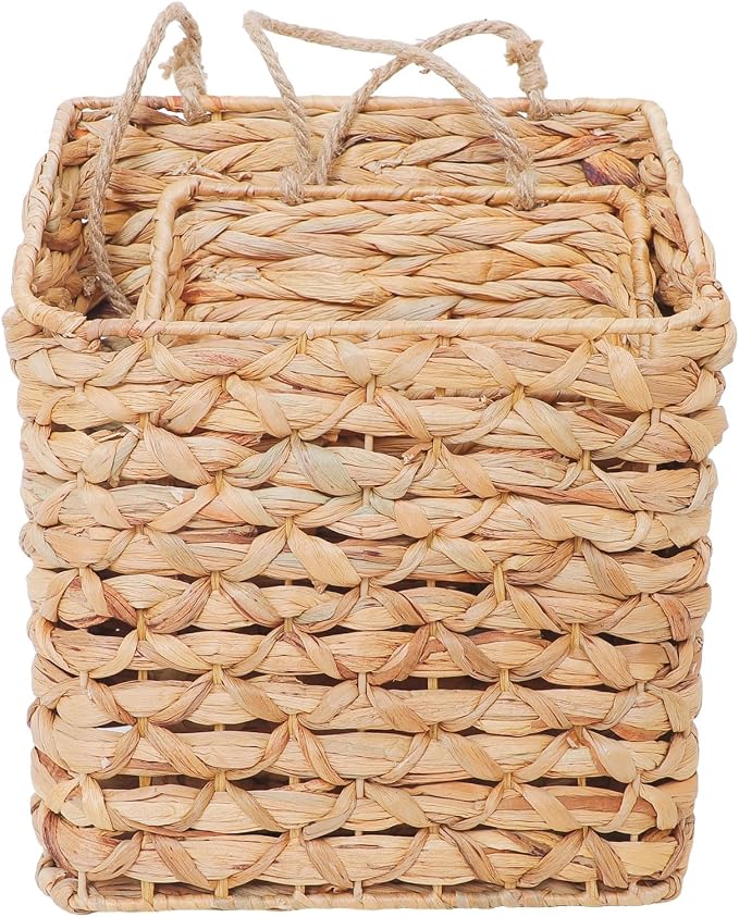 2-Tier Wall Hanging Wicker Water Hyacinth storage baskets Set, Woven Rustic - Image 2