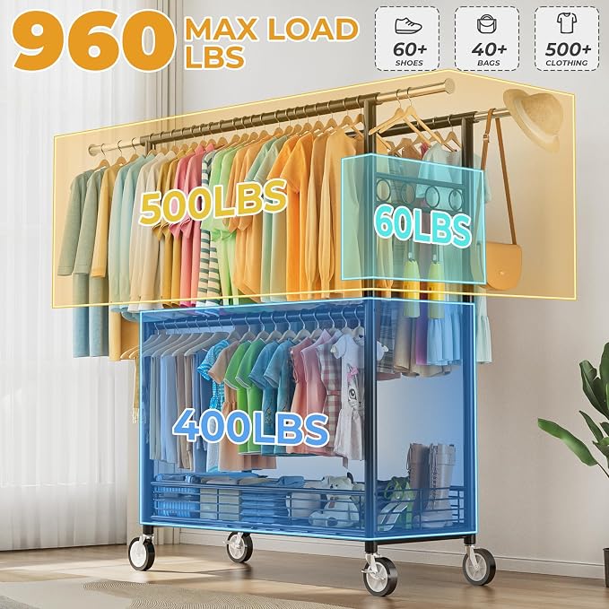 Heavy Duty Clothes Rack Load 960LBS, Three Rods Rolling Clothing Racks - Image 2
