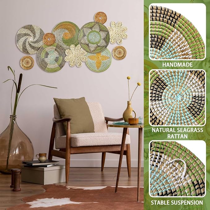 Tatuo 11 Pcs Boho Wall Basket Decor Decorative Bulrush Woven Basket Wall Decor - Image 3