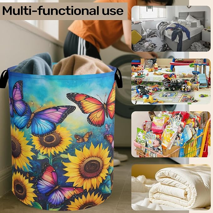 Butterfly Sunflower Laundry Basket, Heavy Duty 60L Dirty Clothes Hamper - Image 6