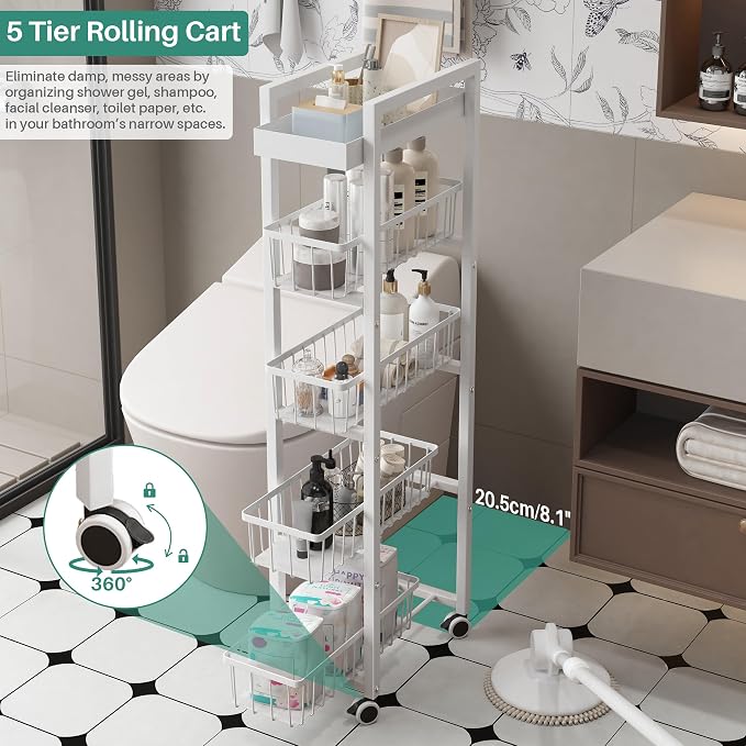 5-Tier Slim Storage Cart with Pull Out Basket, Lockable Wheels, Mobile Utility - Image 3