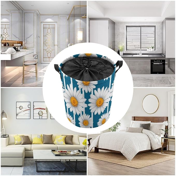 Daisy Stripes Round Laundry Bag Collapsible Storage Hamper Basket - Image 5