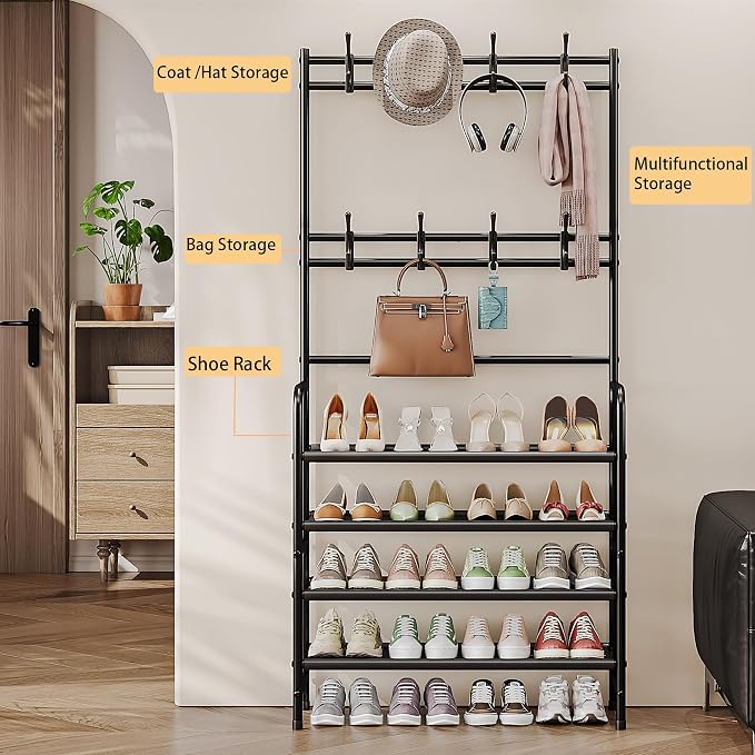 Coat Rack Shoe Rack With Storage Shelf Freestanding with 8 Hooks - Image 2