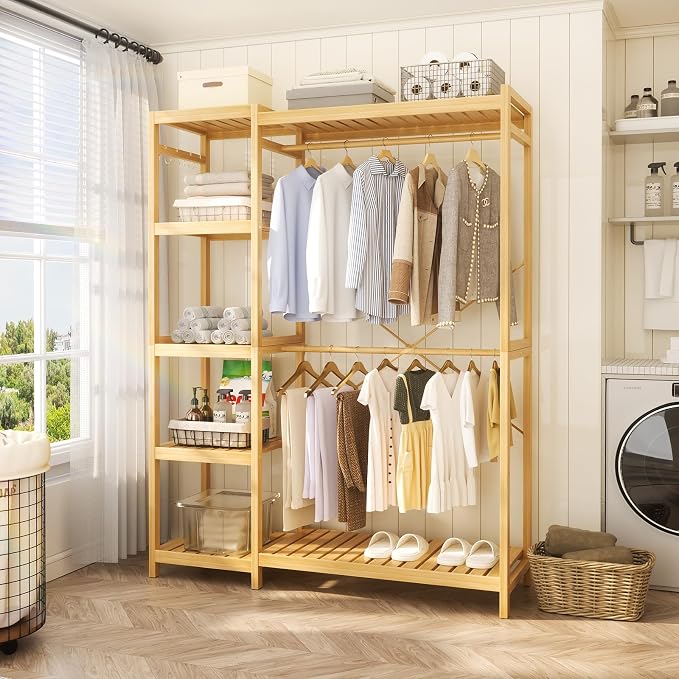 Homykic Bamboo Closet System, Heavy Duty Clothing Rack - Image 3