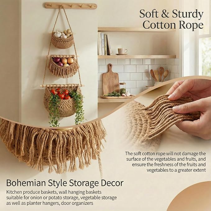 3 Tier Hanging Fruit Basket, Jute Wall Baskets, Hanging Produce Baskets - Image 4