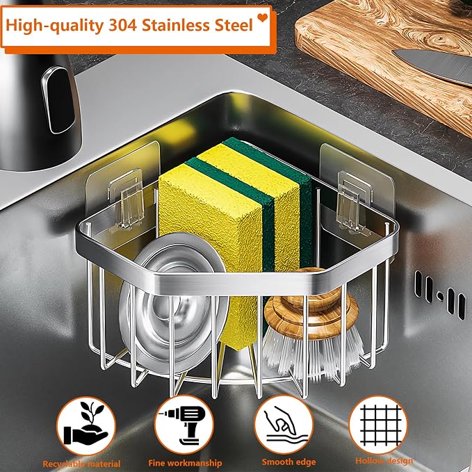 Kitchen Sink Organizer Corner Sponge Holder, Adhesive Stainless Steel Sponge - Image 7