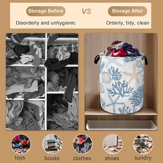 Starfish Seashell Laundry Basket, Coral Collapsible Laundry Baskets - Image 5
