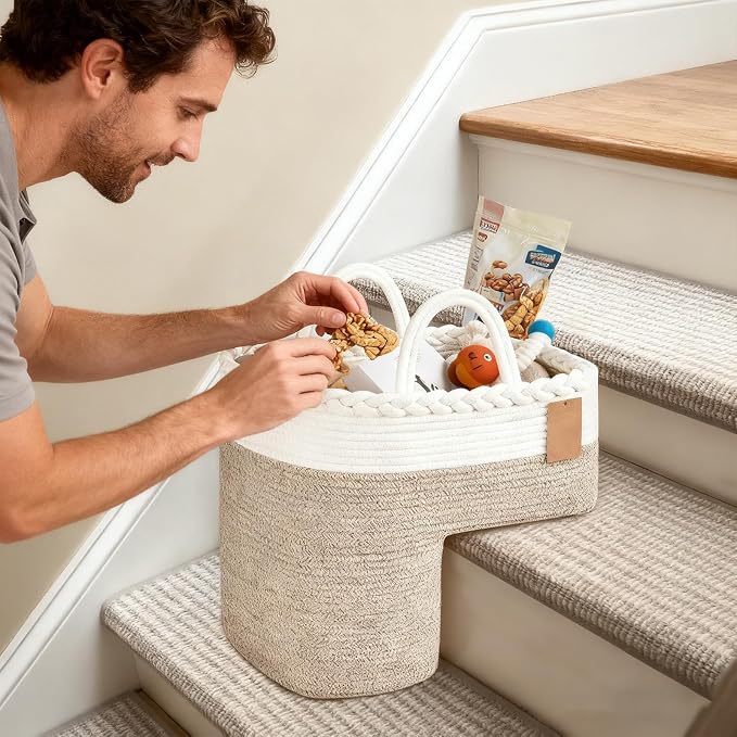 Stair Storage Basket, Large Capacity Foldable Woven Step Organizer, Toy Books - Image 3