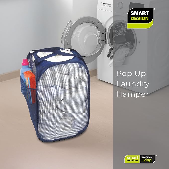Smart Design Deluxe Mesh Pop Up Square Laundry Hamper w/ Side Pocket & Handles - Image 6