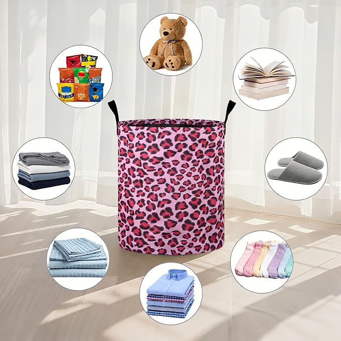 Pink Leopard Laundry Basket Foldable Oxford Cloth Tote Bag Laundry Hamper - Image 4