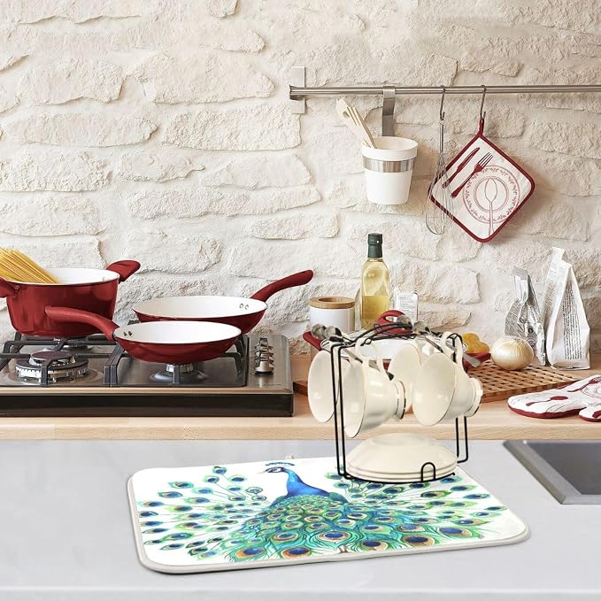 Vivid Pattern Extra Large Kitchen Dish Drying Mat, Elegant Peacock Spreads Tail - Image 5