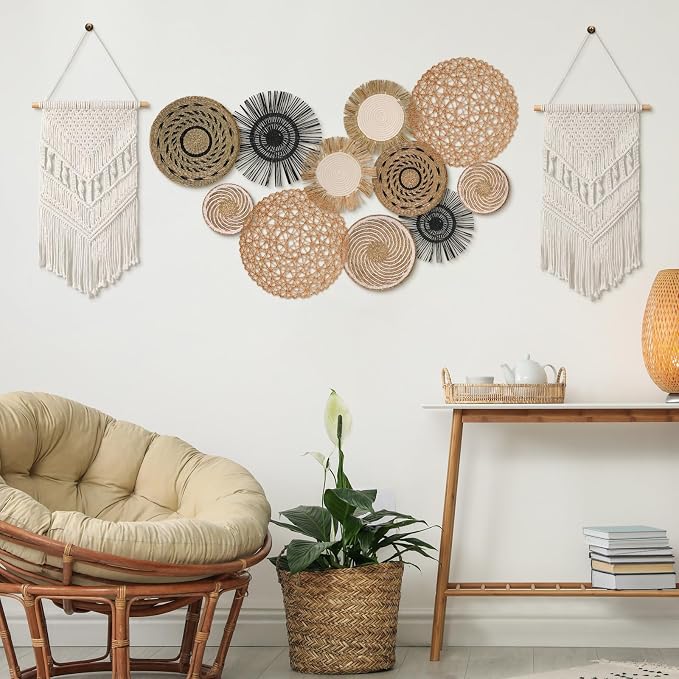 Tatuo 11 Pcs Boho Wall Basket Decor Decorative Bulrush Woven Basket Wall Decor - Image 5