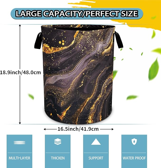 Black Gold Marble Laundry Basket Beautiful Pattern Foldable Oxford Cloth Funny - Image 2