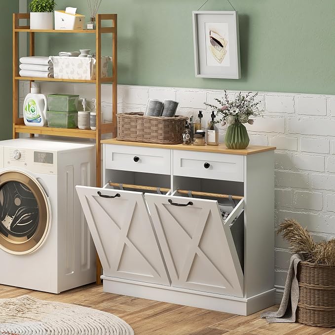 HOMCOM Tilt Out Laundry Hamper Cabinet - Image 2