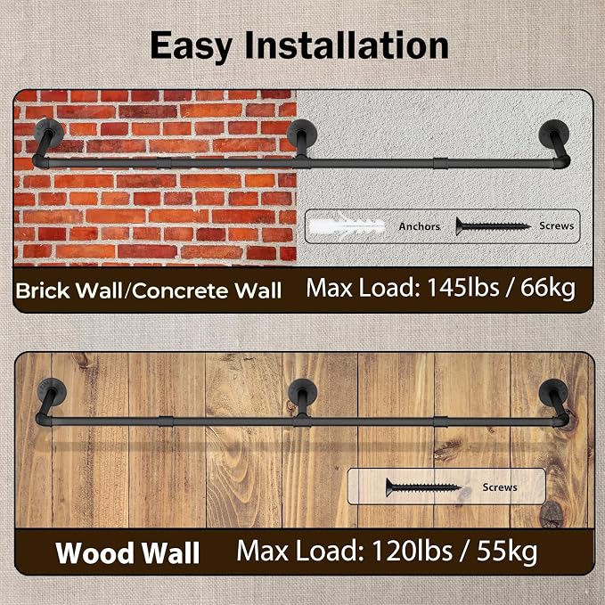 Wall Mounted Clothes Rack 52.6in, Industrial Pipe Clothing Racks Wall Mount - Image 4