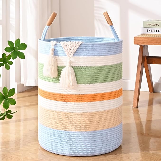 60L Striped Laundry Basket, Rainbow Laundry Hamper by Degeyoyo