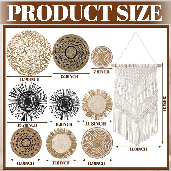 Tatuo 11 Pcs Boho Wall Basket Decor Decorative Bulrush Woven Basket Wall Decor - Image 3