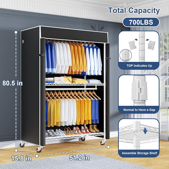 P8C Heavy Duty Clothes Rack（With Extended Width Design） Rolling Clothing Racks - Image 2