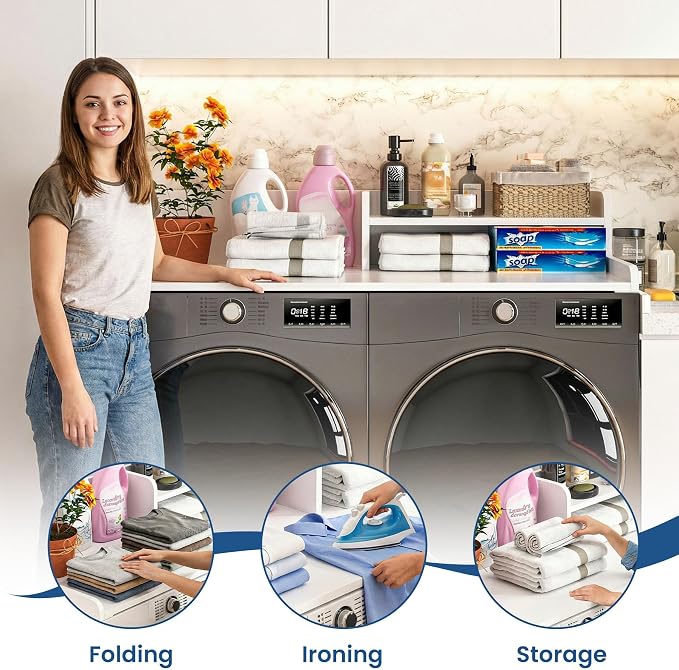 Washer Dryer Countertop with Open Storage Shelf & Raised Edge Guard, Laundry - Image 7