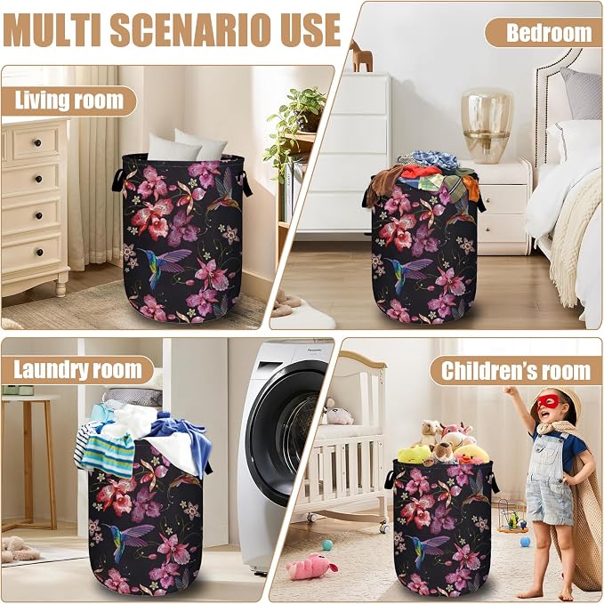 Pink Flower Hummingbird Laundry Basket, Foldable Waterproof Laundry Hamper Tote - Image 7