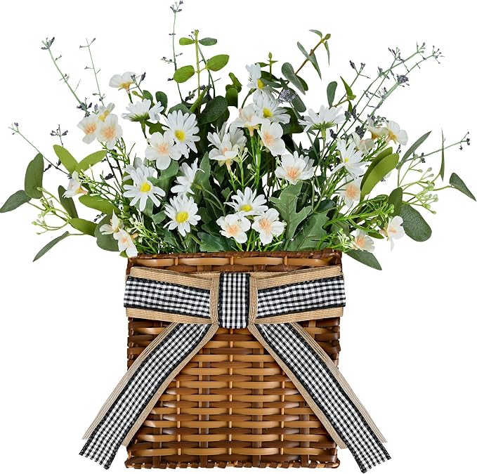 White Daisy Wreath Spring Door Hanger Basket Wreath, Artificial Spring Summer by Elasign