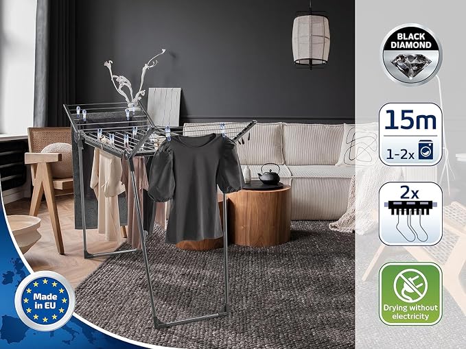 Leifheit Pegasus 150 Solid Slim Black Edition Clothes Airer, Stable Tumble Dryer - Image 2
