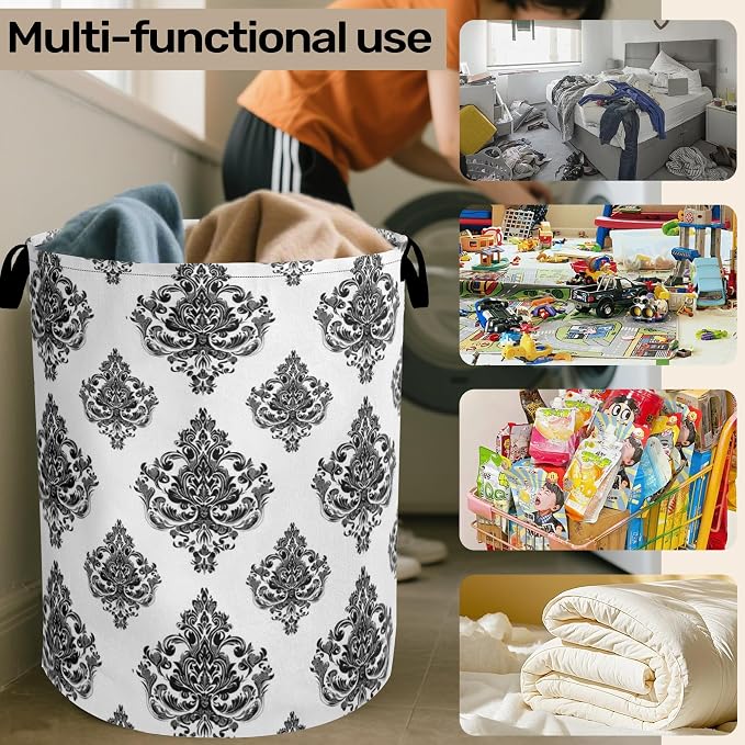 Black White Damask Flower Foldable Laundry Hamper - Image 6