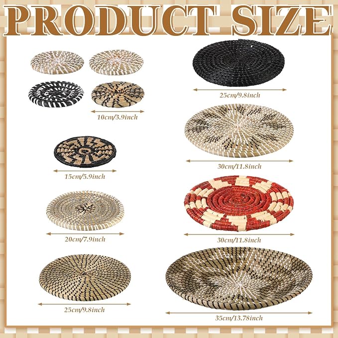 Tatuo 11 Pcs Boho Wall Basket Decor Decorative Bulrush Woven Basket Wall Decor - Image 3
