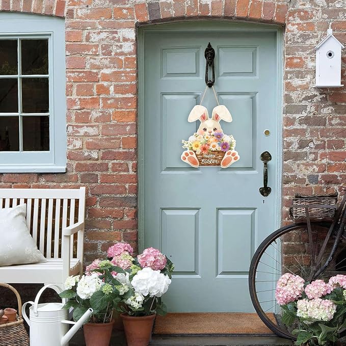 Ausril Easter Wood Sign, Happy Easter Door Decor, Bunny Egg Hanging Wall Sign - Image 5