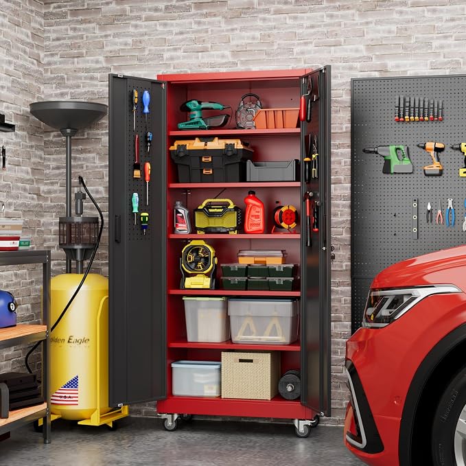 Garage Storage Cabinet with Wheels and Pegboard, Assembly Required - Image 8