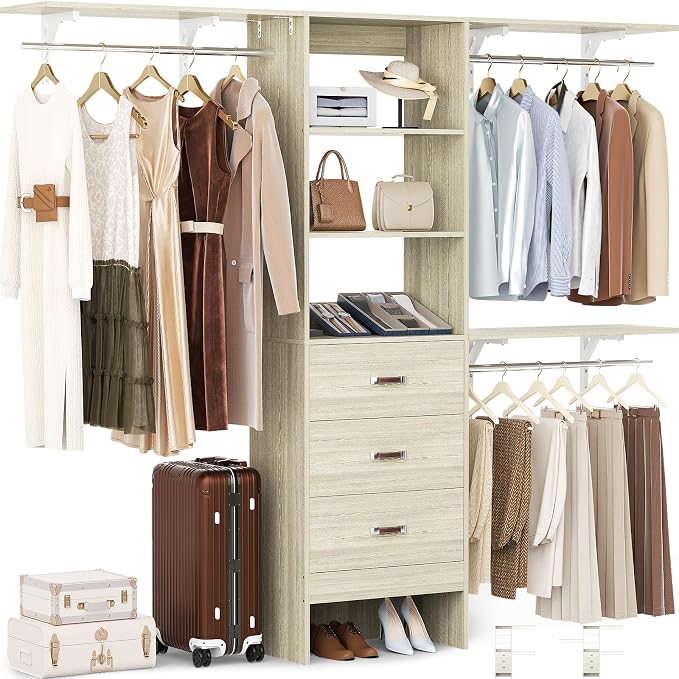 Closet System with Drawer - 8FT Wood Closet Organizer System with 3 Hanging by Besiost