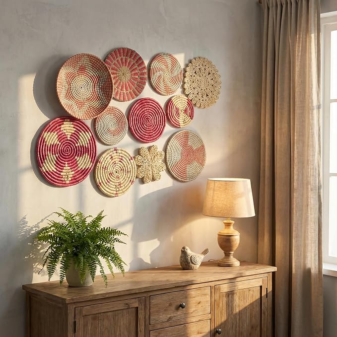 Tatuo 11 Pcs Boho Wall Basket Decor Decorative Bulrush Woven Basket Wall Decor - Image 5