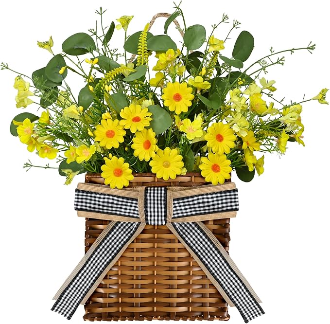 Spring Hanger Basket Wreath for Front Door 15" Yellow Daisy Basket Artificial by Kuabiz