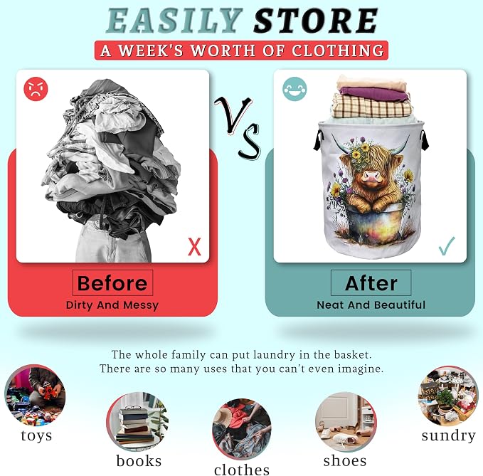 Cute Highland Cow Laundry Basket Foldable - Image 3