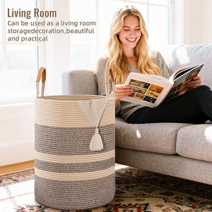 90L Striped Laundry Basket, Dark Brown Laundry Hamper - Image 3