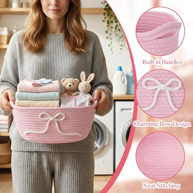 2 Pcs Pink Bow Storage Baskets Woven Cotton Rope Laundry Hamper - Image 5