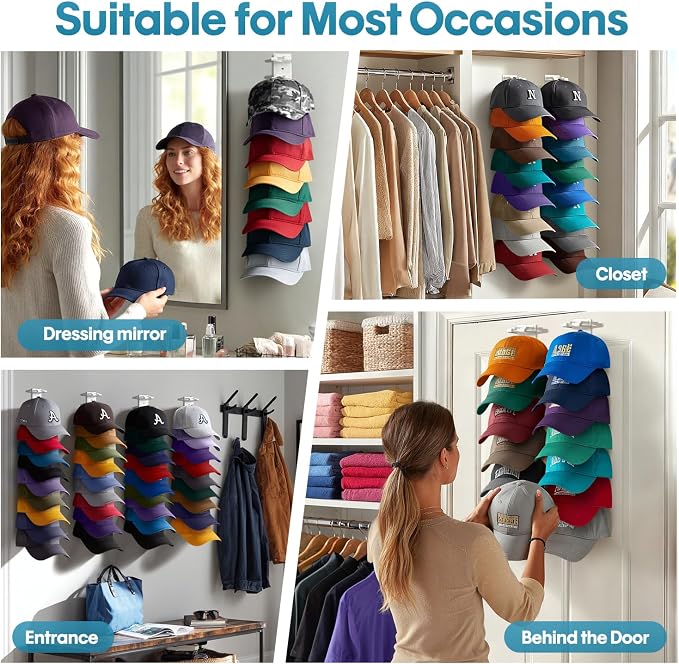 Hat Organizer for Baseball Caps Wall, 2 Pack Hat Holder for Closet Door Hold up - Image 3