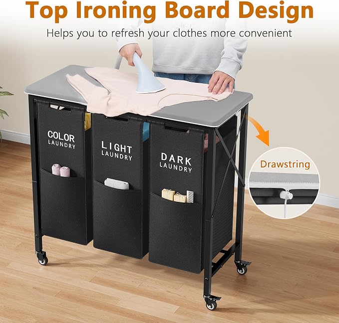 3 Section Laundry Sorter with Ironing Board, Laundry Hamper with Removable Bags - Image 3
