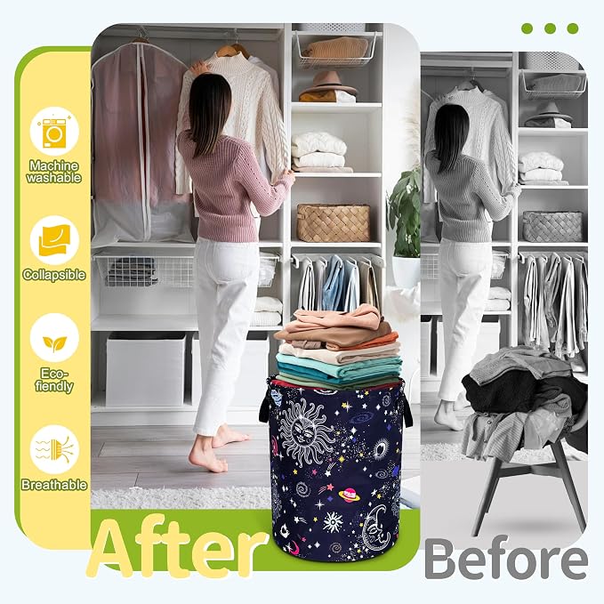 Sun Moon Galaxy Laundry Basket Funny Cosmic Foldable Waterproof Oxford Cloth - Image 5