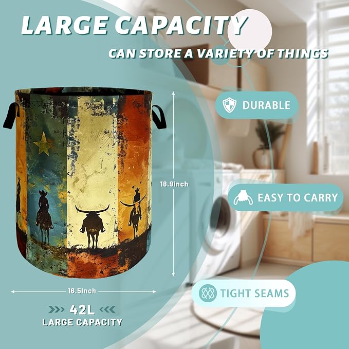 Retro Western Cowboy Laundry Basket Foldable Funny Western Laundry Hamper - Image 2