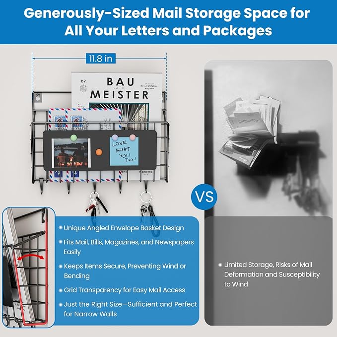 Easy Assembly and Installation Iron Key Holder Wall Mount, Mail Organizer - Image 3