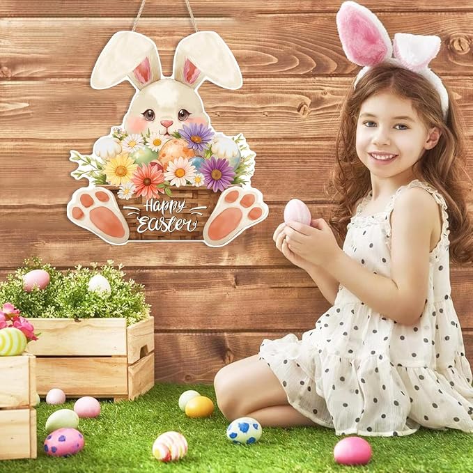 Ausril Easter Wood Sign, Happy Easter Door Decor, Bunny Egg Hanging Wall Sign - Image 3